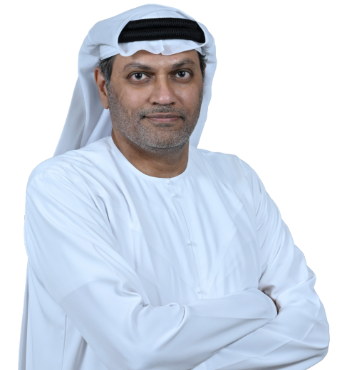 Dr. Saeed Yahya Alseiari, Consultant Cardiovascular Radiologist, in traditional Emirati dress with arms folded